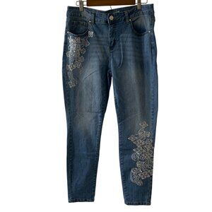 9th & Main Womens Jeans Embroidered Floral White Design, Size 16